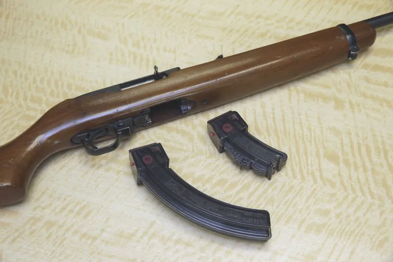 A semi-automatic rifle is displayed with a 25 shot magazine, left, and a 10 shot magazine, right, at a gun store in Elk Grove, Calif., on June 27, 2017. (Rich Pedroncelli/AP Photo)