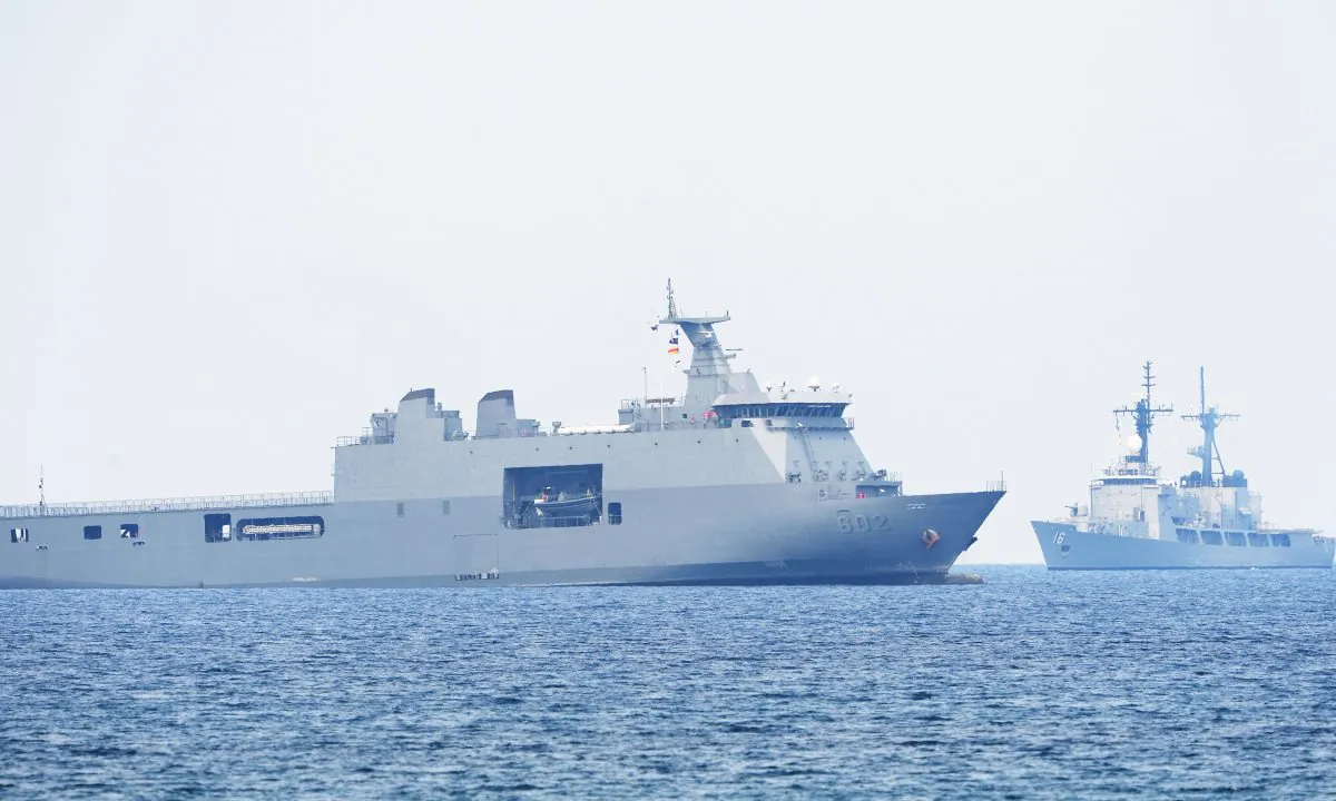 Philippine navy's Davao del Sur (L) and frigate Alcaraz pariticipate in the amphibious landing as part of the annual Philippines and U.S. joint military exercises at the beach of Philippine navy's training camp in San Antonio, Zambales province northwest of Manila on May 9, 2018. (Ted Aljibe/AFP/Getty Images)