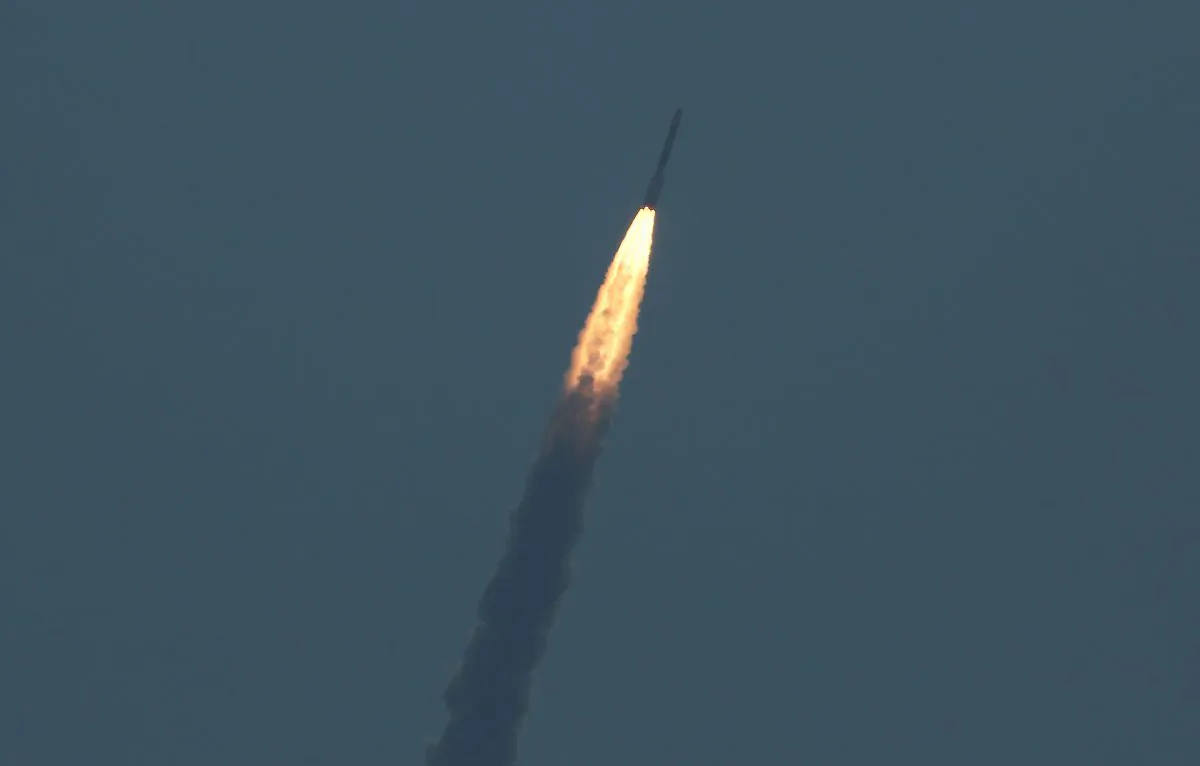 India's Polar Satellite Launch Vehicle (PSLV) C45, carrying Electromagnetic Spectrum Measurement satellite 'EMISAT' and 28 other satellites, lifts off from the Satish Dhawan Space Centre in Sriharikota, India, on April 1, 2019. (P. Ravikumar/Reuters)