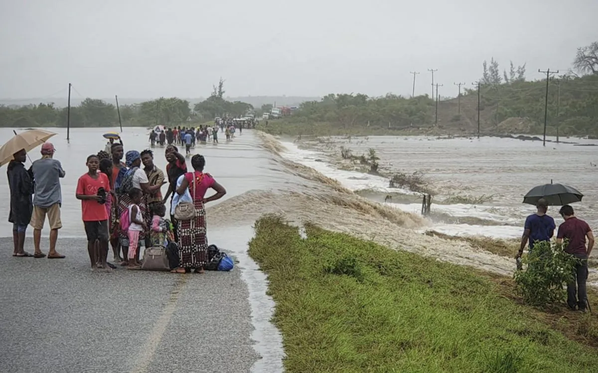 The Miaze River flowing over the road near Pemba, Mozambique on April 29, 2019. (Mohamed Razak/World Food Programme via AP)