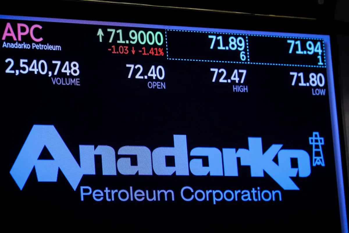 The logo and trading information for Anadarko Petroleum Corporation are displayed on a screen on the floor at the New York Stock Exchange (NYSE) in New York, U.S., April 30, 2019. (Brendan McDermid/Reuters)