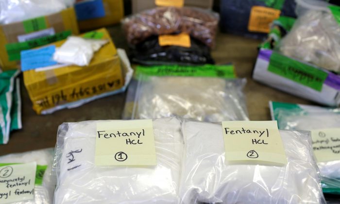 Plastic bags of Fentanyl are displayed on a table at the U.S. Customs and Border Protection area at the International Mail Facility at O'Hare International Airport in Chicago, Ill., on Nov. 29, 2017. (Joshua Lott/File Photo via Reuters)