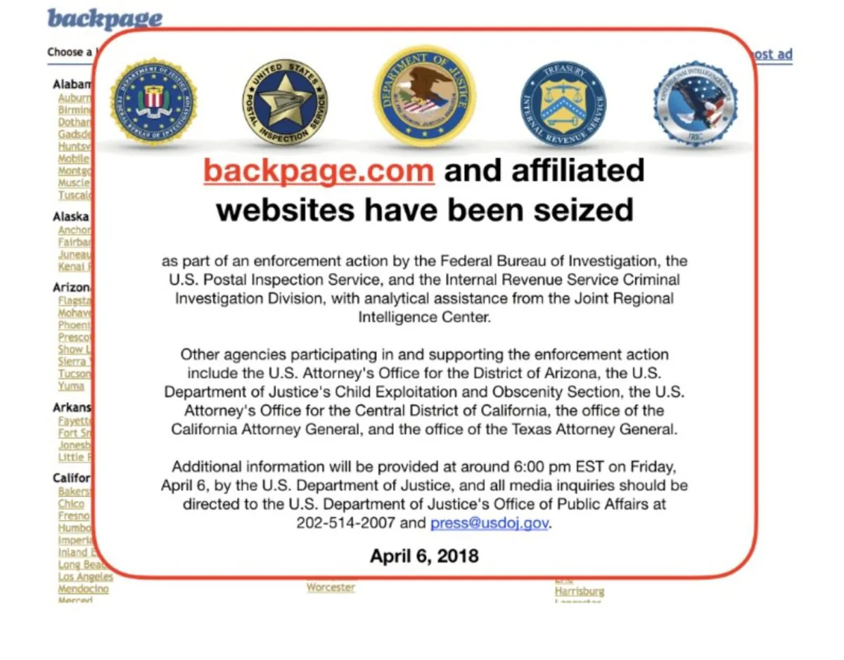 An image of the current home page of the website backpage.com shows logos of U.S. law enforcement agencies after they seized the sex marketplace site April 6, 2018. (backpage.com via Reuters)