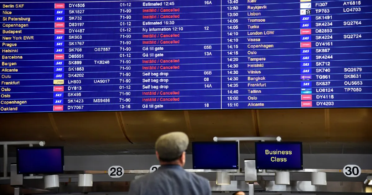 A departures board shows cancelled SAS flights at Stockholm Arlanda airport in Stockholm, Sweden, April 29, 2019. (TT News Agency/Tony Eriksson via Reuters)