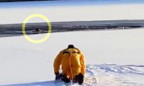 Video: Firefighter Crawls Across Frozen Lake to Rescue Terrified Dog Trapped in Icy Lake