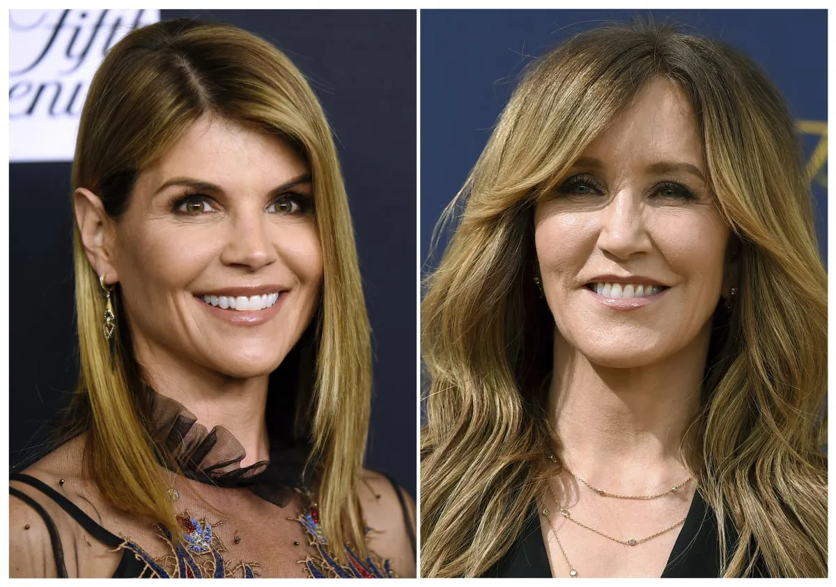 This combination photo shows actress Lori Loughlin at the Women's Cancer Research Fund's An Unforgettable Evening event in Beverly Hills, Calif., on Feb. 27, 2018, left, and actress Felicity Huffman at the 70th Primetime Emmy Awards in Los Angeles on Sept. 17, 2018. (AP Photo, File)