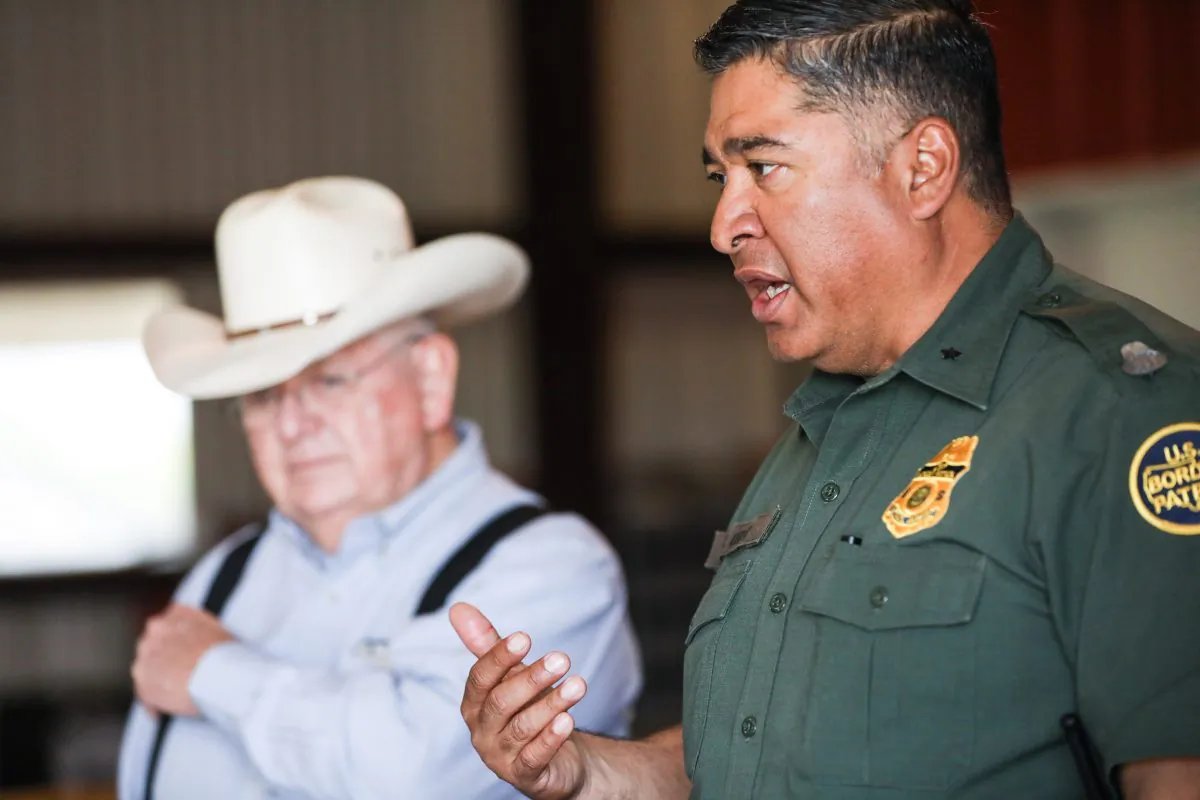 Deputy Chief Border Patrol agent for Rio Grande Valley Raul Ortiz (R) and Richard Guerra on the Guerra's La Anacua Ranch near Rio Grande City, Texas, on March 22, 2019. (Charlotte Cuthbertson/The Epoch Times)