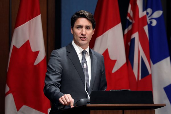 Canada's Prime Minister Justin Trudeau speaks during a Liberal Party caucus meeting on Parliament Hill in Ottawa, Ontario, Canada, April 2, 2019. (Reuters/Chris Wattie)