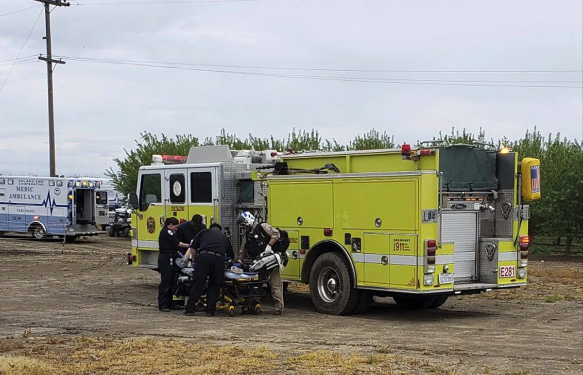 Fire and medical officials attend to one of two teenage boys who were electrocuted while trying to rescue a dog from an irrigation canal at an orchard in Dixon, California, on April 1, 2019. (California Highway Patrol/Via AP)