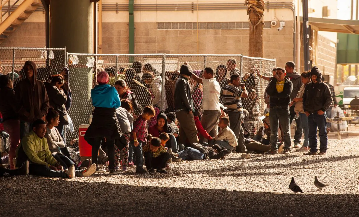 Migrants awaiting processing are held in temporary fencing underneath the Paso Del Norte Bridge  on March 28, 2019 in El Paso, Texas. U.S. Christ Chavez/Getty Images
