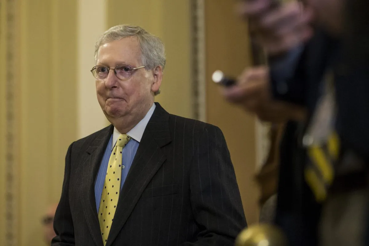Senate Majority Leader Mitch McConnell (R-Ky.) following a weekly policy luncheon on Capitol Hill on April 2, 2019. (Zach Gibson/Getty Images)