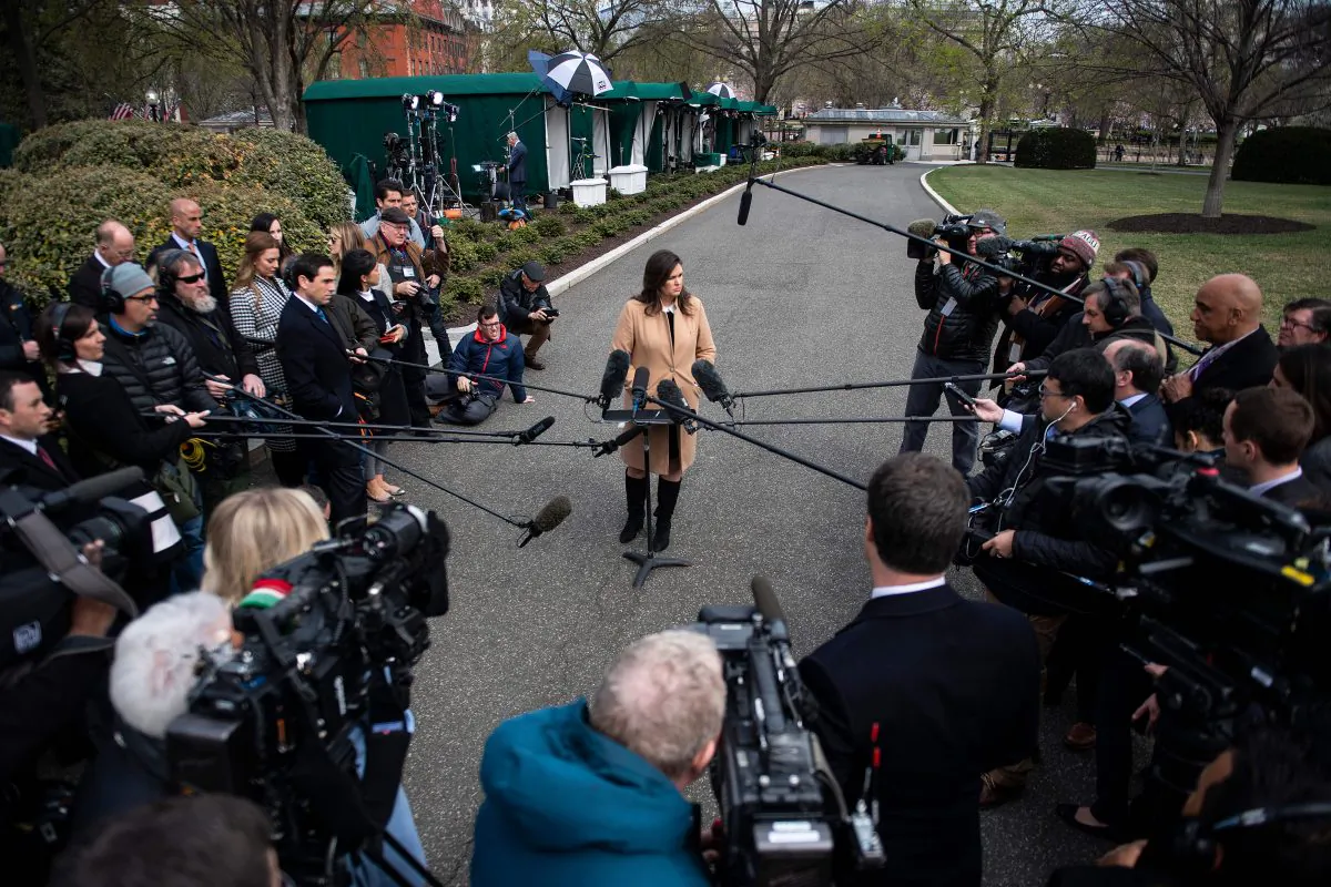 White House Press Secretary Sarah Sanders speaks with the media at the White House in Washington, DC, on April 2, 2019.  JIM WATSON/AFP/Getty Images