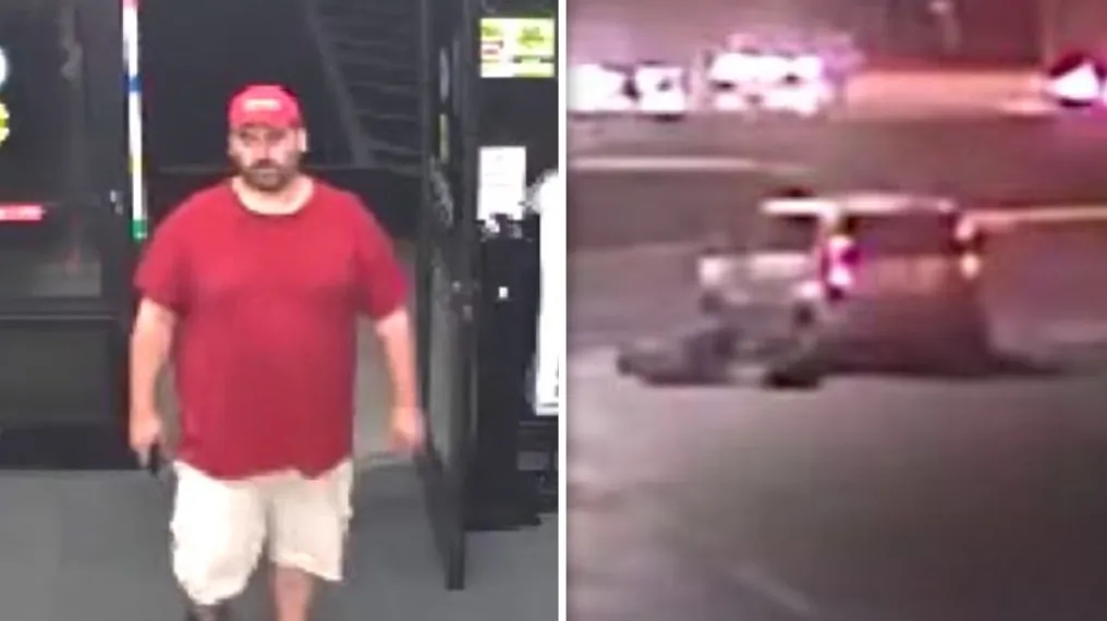 (L) The hit-and-run suspect is seen entering a store minutes before the attack. (R) The scene of the incident in which a pedestrian was run over by a vehicle in Oakland Park, Florida, on Feb. 23, 2019. (Broward Sheriff’s Office)
