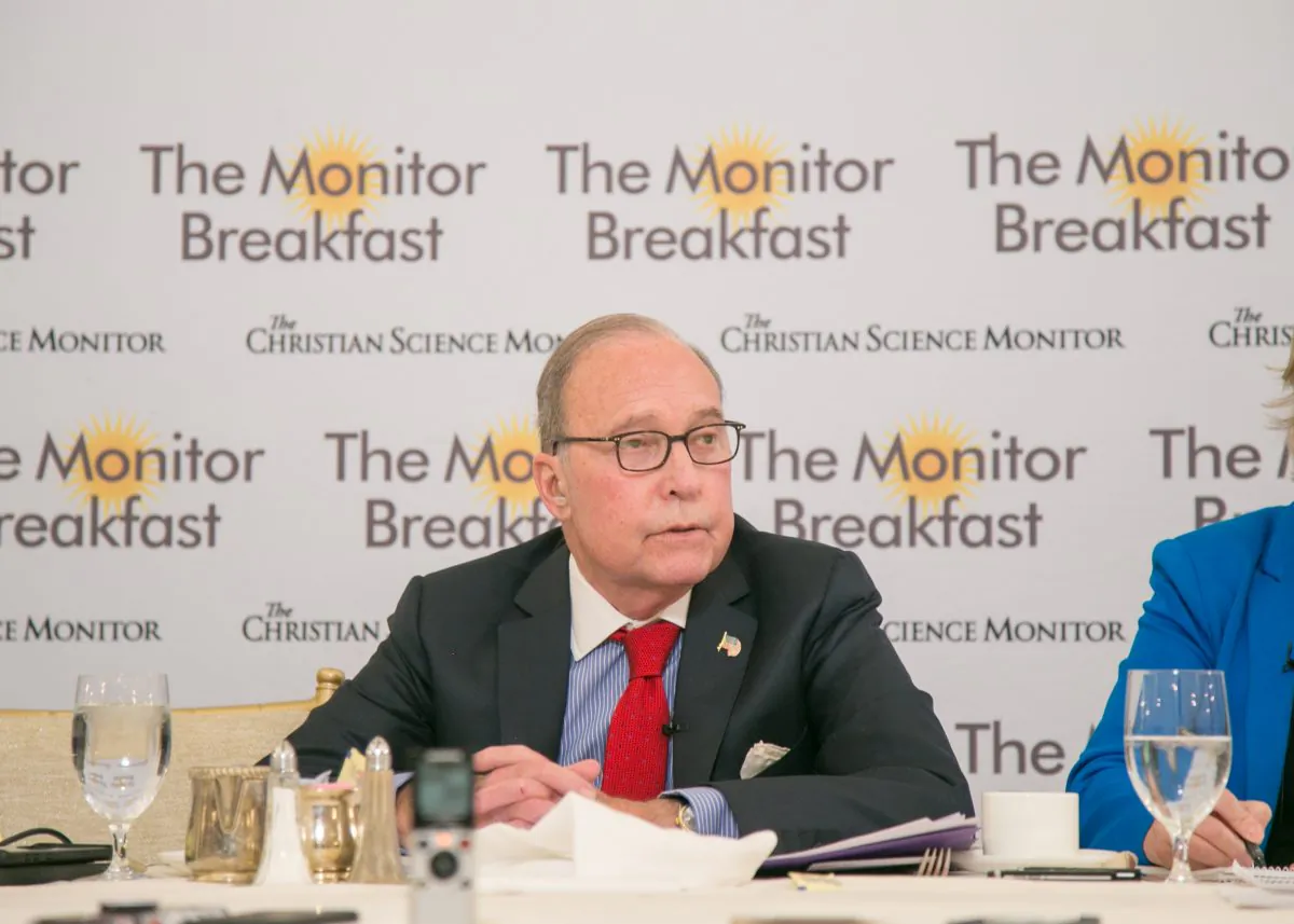 Director of the National Economic Council Larry Kudlow speaks to reporters at a breakfast roundtable hosted by the Christian Science Monitor in Washington,  on April 3, 2019. 
(Matt Orlando/The Christian Science Monitor)