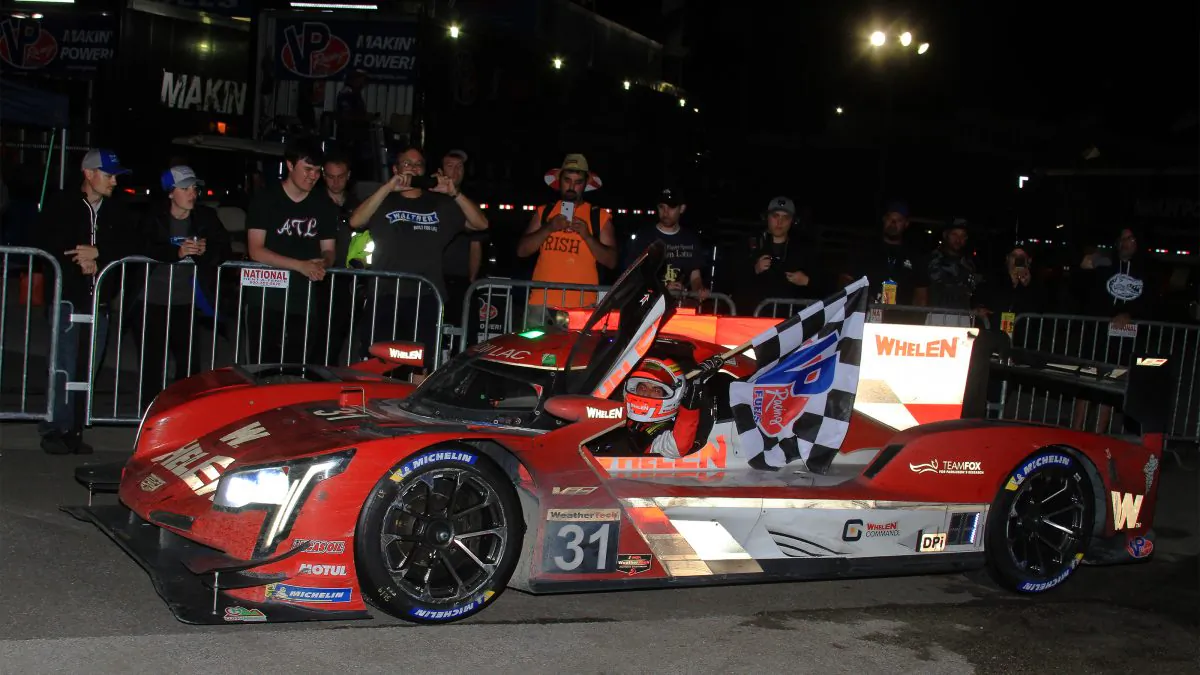 Felipe Nasr wheels the race-winning #31 Whelen Cadillac into Victory Lane at the end of the 2019 IMSA Sebring 12 Hours, March 16. 2019. (Chris Jasurek/Epoch Times)