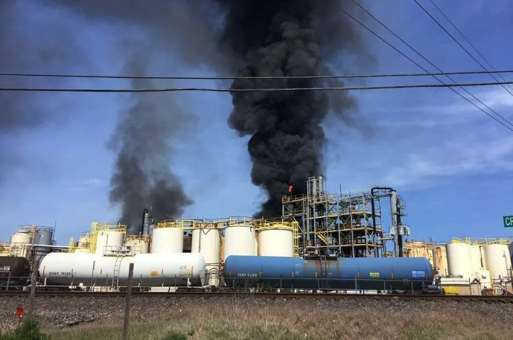 Fire breaks out at the KMCO Chemical plant in Crosby, Texas, on April 2, 2019. (Harris County Fire Marshal's Office via AP)