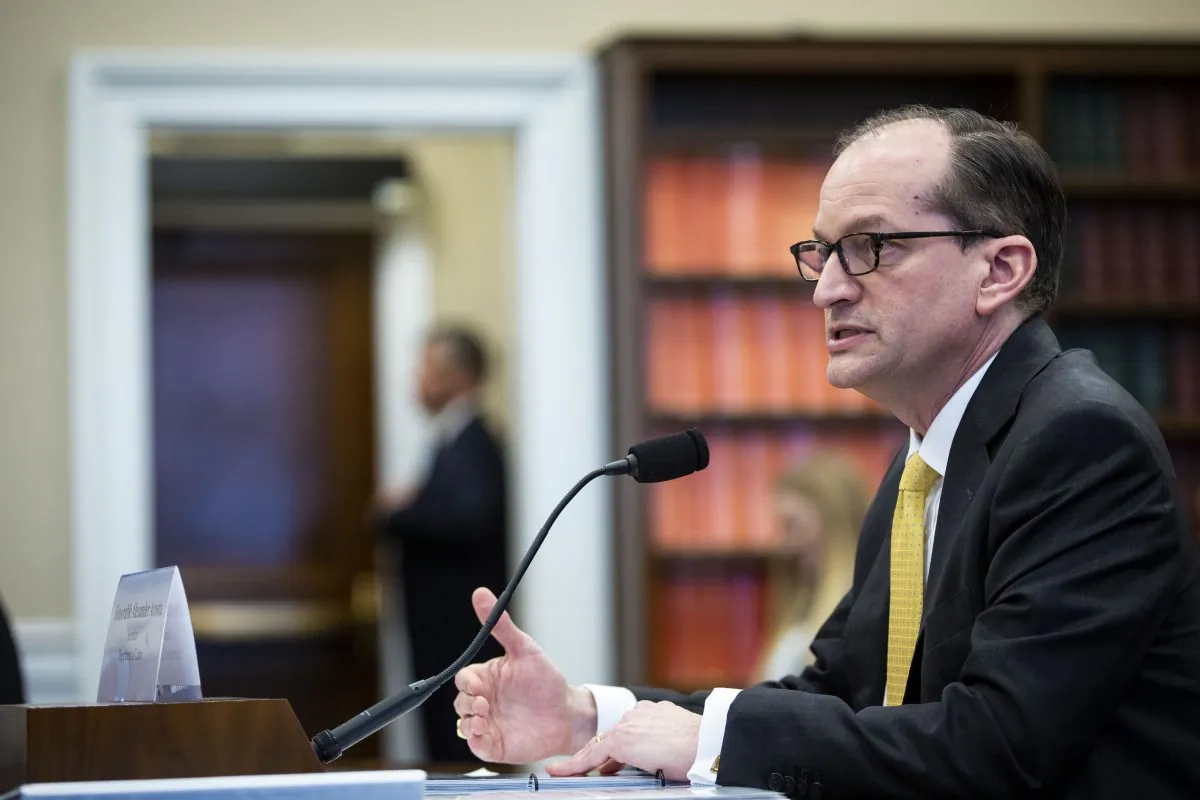 Labor Secretary Alexander Acosta testifies during a House Appropriations Committee hearing on the Labor Budget for Fiscal Year 2020, on Capitol Hill in Washington on April 3, 2019. (Al Drago/Getty Images)