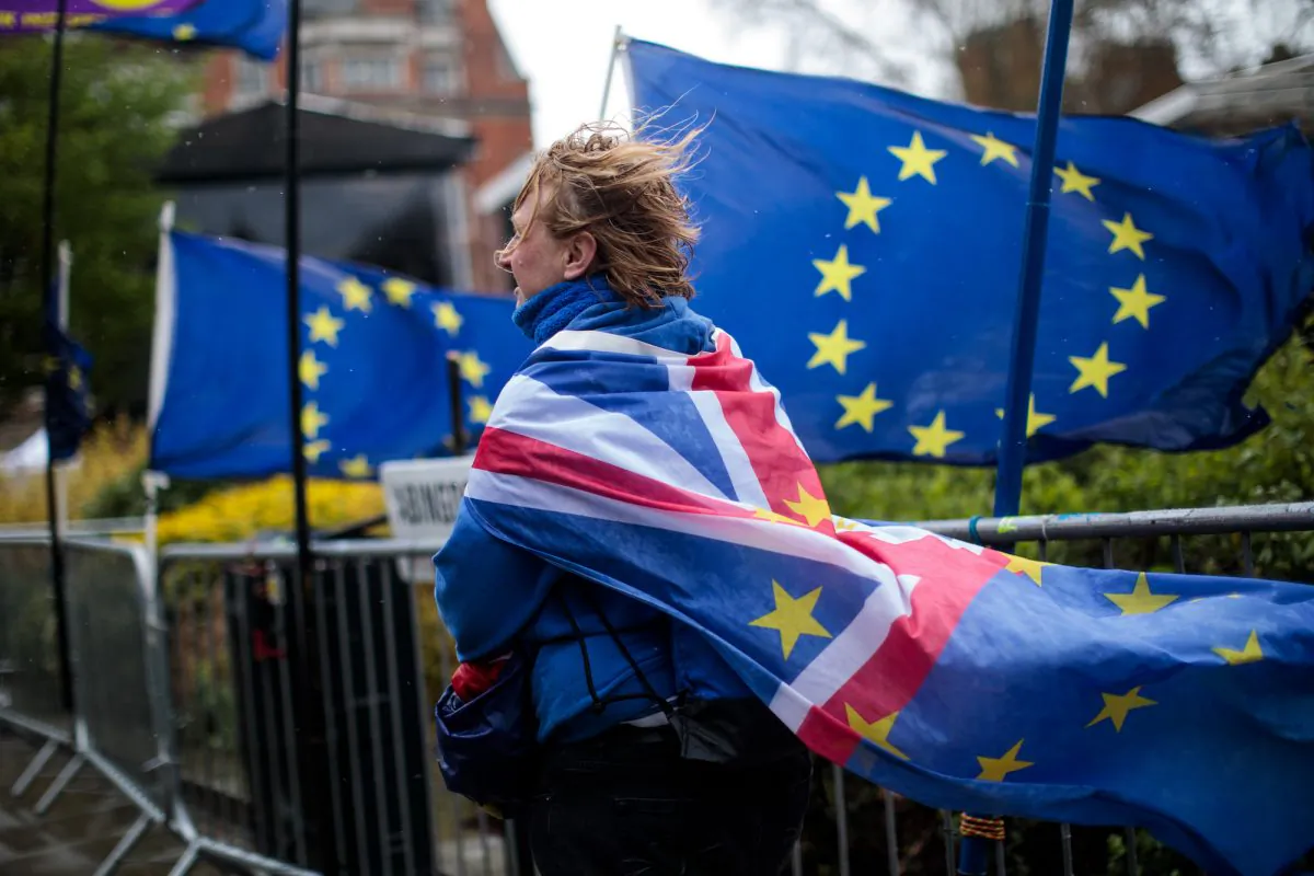 A pro-EU protester demonstrates outside the Houses of Parliament in Westminster on April 4, 2019 in London, England. (Jack Taylor/Getty Images)