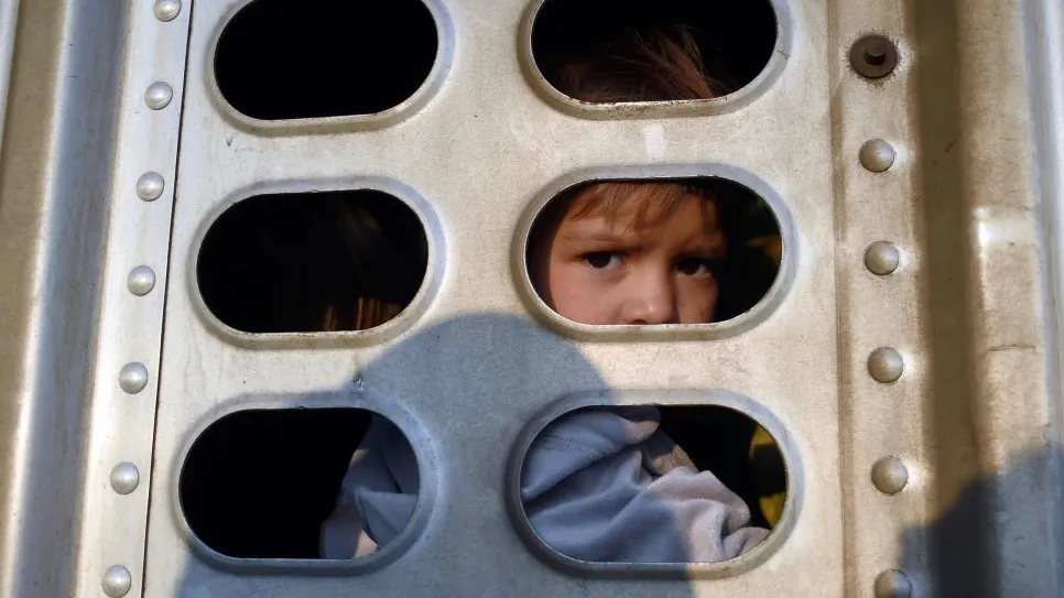 A girl taking part in a migrant caravan looks out from the trailer of a truck along the Irapuato-Guadalajara highway in the Mexican state of Guanajuato, on Nov. 12, 2018. (Alfredo Estrella/AFP/Getty Images)