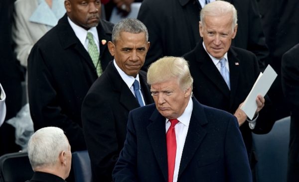 President Donald Trump(2nd-R) with Vice President Mike Pence(L)