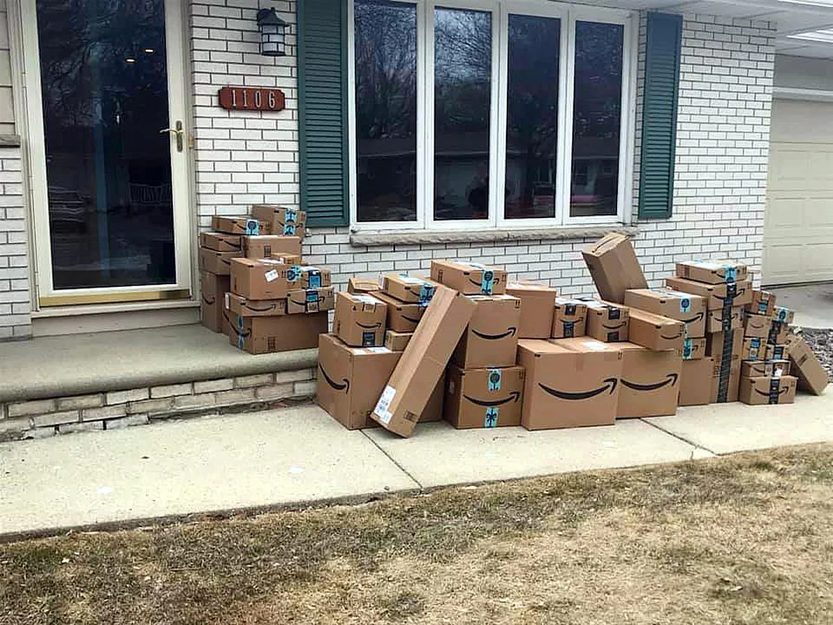 A Wisconsin man discovered about 40 Amazon shipping boxes in front of his home, on April 1, 2019. (Courtesy of Maureen Pritchard/Facebook)