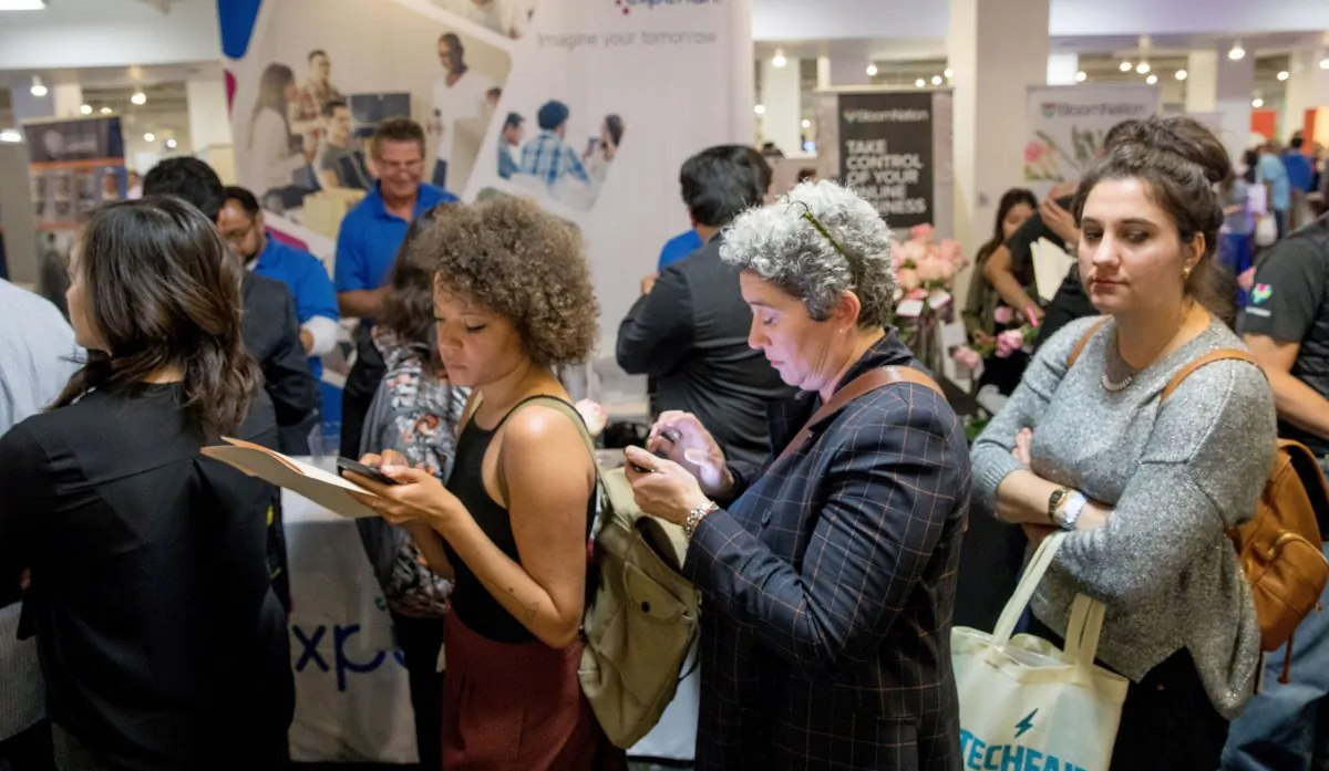 Job seekers and recruiters gather at TechFair in Los Angeles, Calif., on March 8, 2018. (Monica Almeida/Reuters)