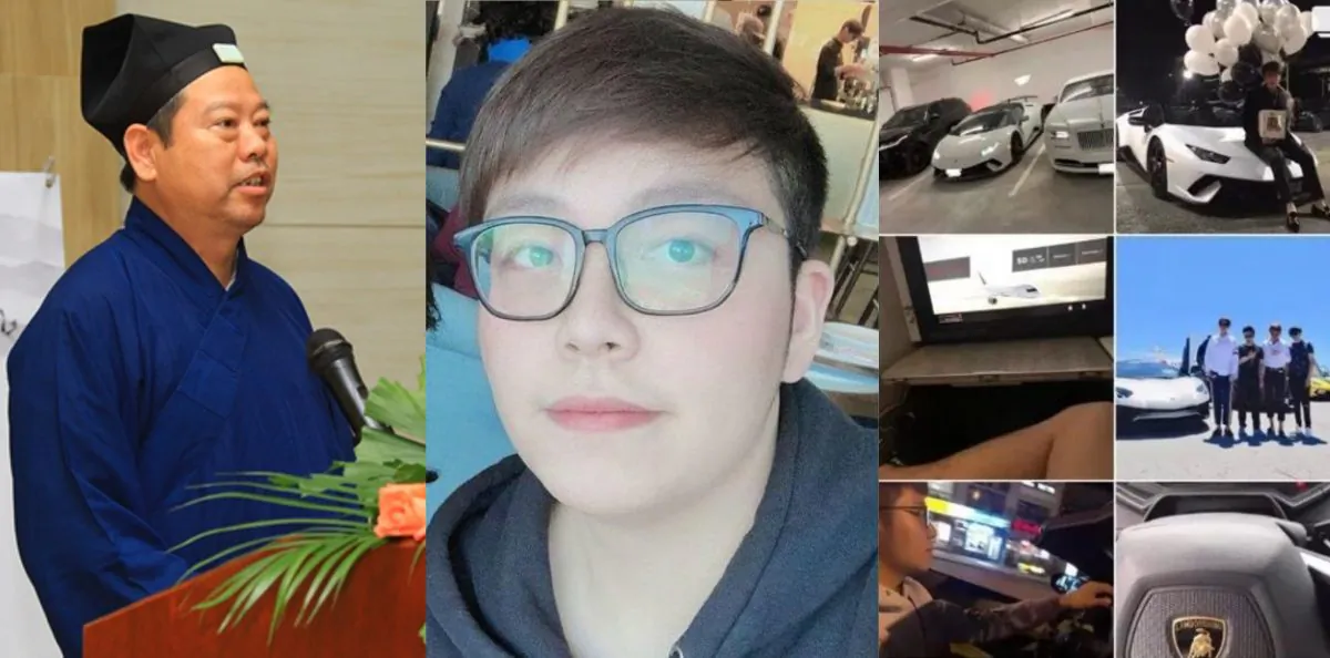 Chinese student Lu Wanzhen (C) was kidnapped in Canada. He has several luxury cars, and his father is a Taoist leader in China. (Taoist Association of China, York Regional Police, Twitter/Epoch Times composite)
