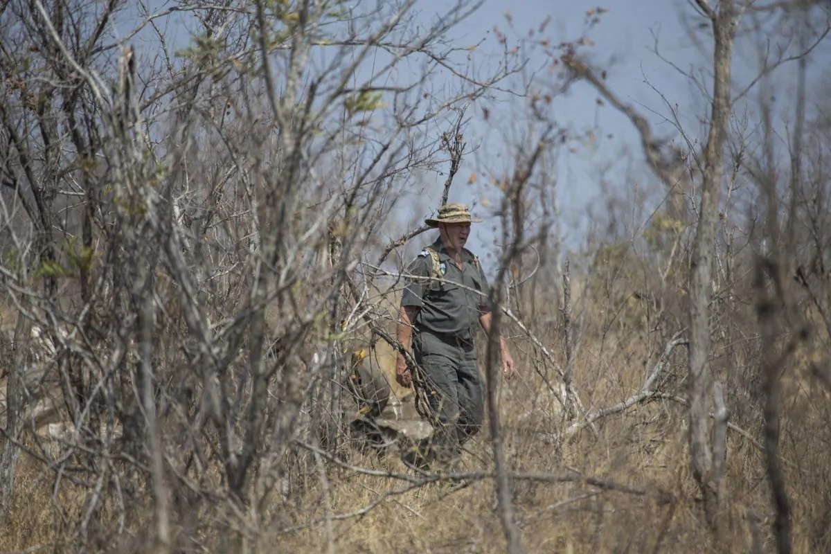 Frik Russouw, senior investigator of the South African National Parks Environmental Unit, walks towards the scene where a poached rhino was found in the Kruger National Park in South Africa on Aug. 21, 2018. (Wikus De Wet/AFP/Getty Images)