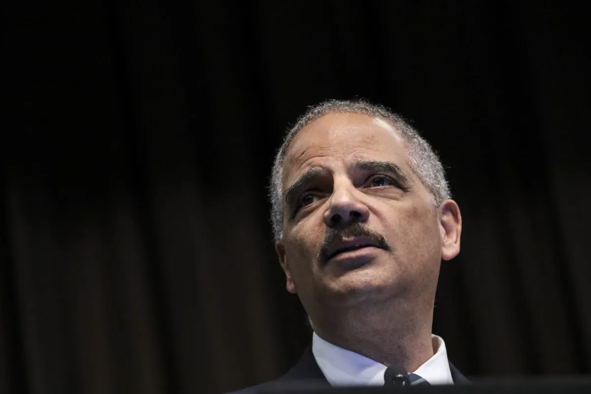 Former Attorney General Eric Holder speaks at the National Action Network's annual convention in New York City, on April 3, 2019. (Drew Angerer/Getty Images)