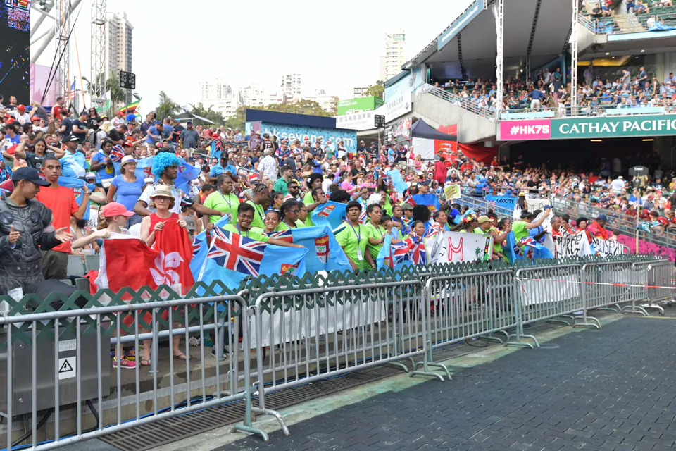 Fiji supporters ready for knock-out action as their team blew away all opposition in the Pool Stage of the Hong Kong Sevens on Saturday April 6, 2019. (Bill Cox/Epoch Times)