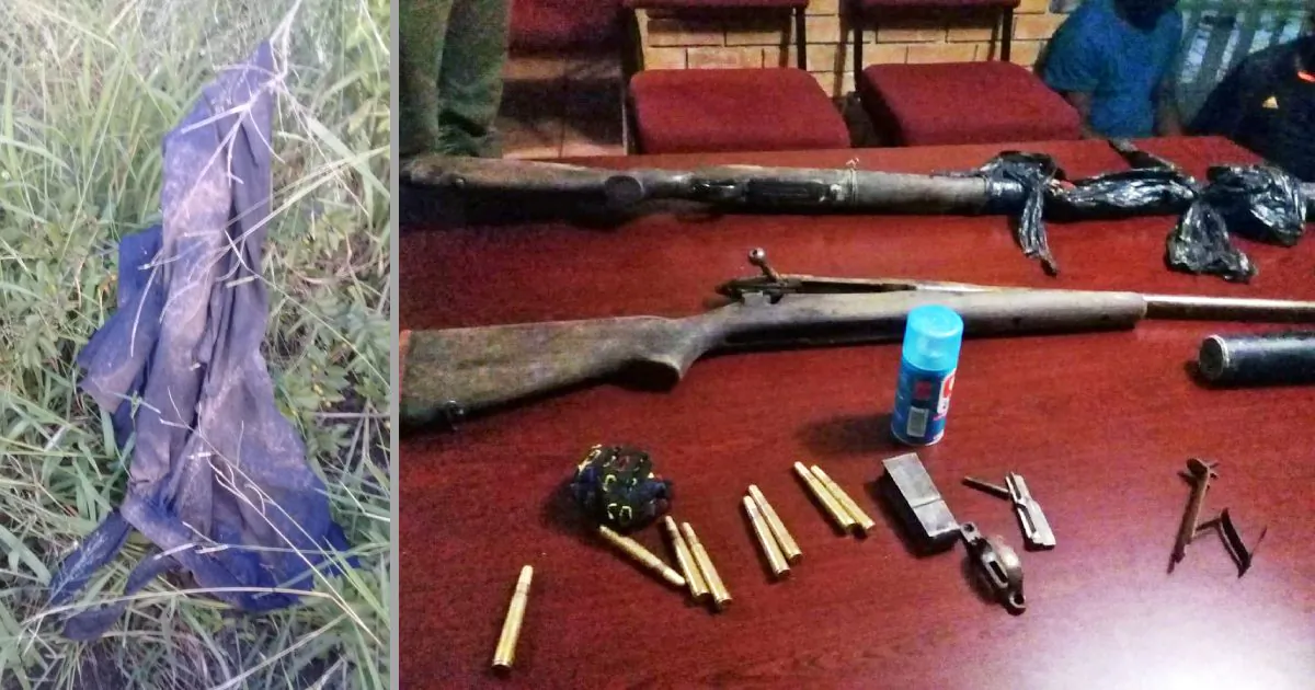 Clothing remains and weapons left behind after a suspected rhino poacher was eated by lions at Kruger National Park, South Africa, on April 6, 2019. (Courtesy of South African Police Service)