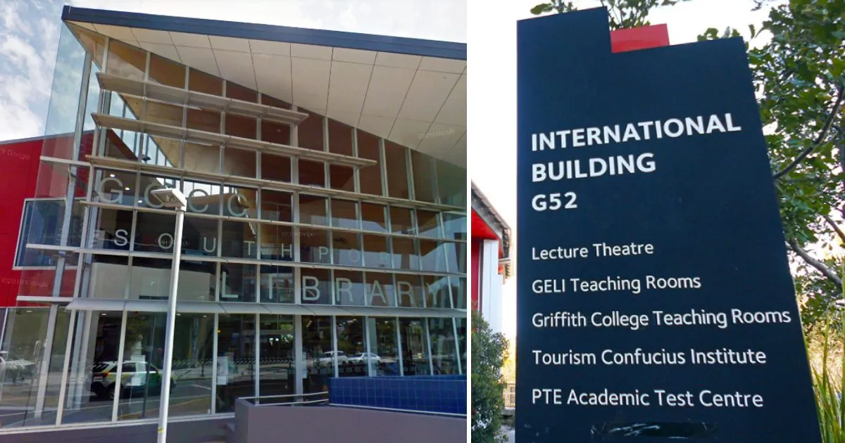 Southport Library on the Gold Coast, Australia, in September 2018 (Google Maps Street View) and a sign listing the Tourism Confucius Institute at Griffith University's Gold Coast campus, on Dec. 27, 2018. (Richard Szabo/The Epoch Times)