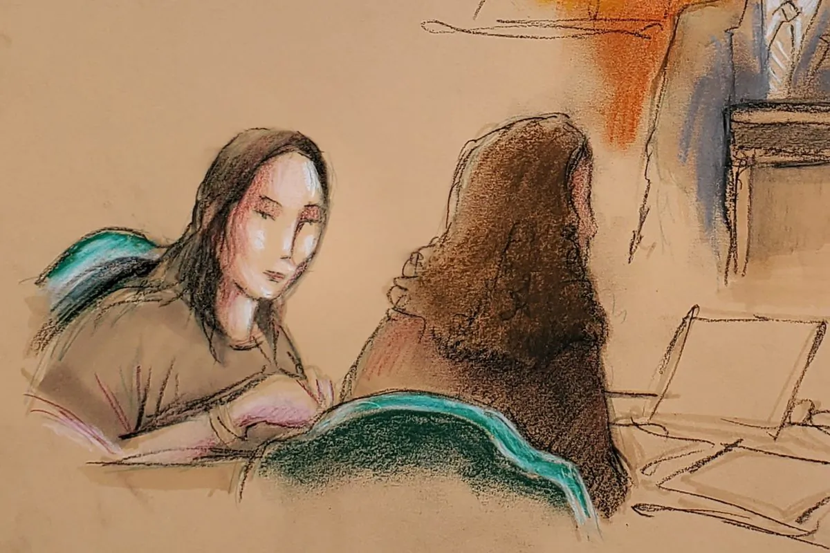 Yujing Zhang (L), charged with bluffing her way into President Donald Trump's Florida resort, appears at her hearing at the U.S. federal court in this courtroom sketch, in West Palm Beach, Florida, on April 8, 2019. (Reuters/Daniel Pontet)