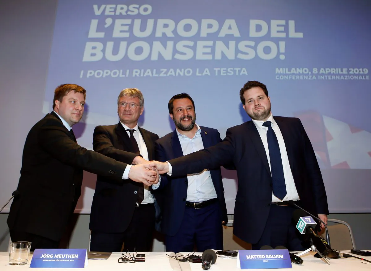 Matteo Salvini, Italy's Deputy Prime Minister and leader of the far-right League Party, poses with Olli Kotro from the Finnish ECR party, Joerg Meuthen from the the German EFDD party and Anders Vistisen from the Danish ECR party, as he launches the start of his campaign for the European elections, in Milan, Italy April 8, 2019. REUTERS/Alessandro Garofalo