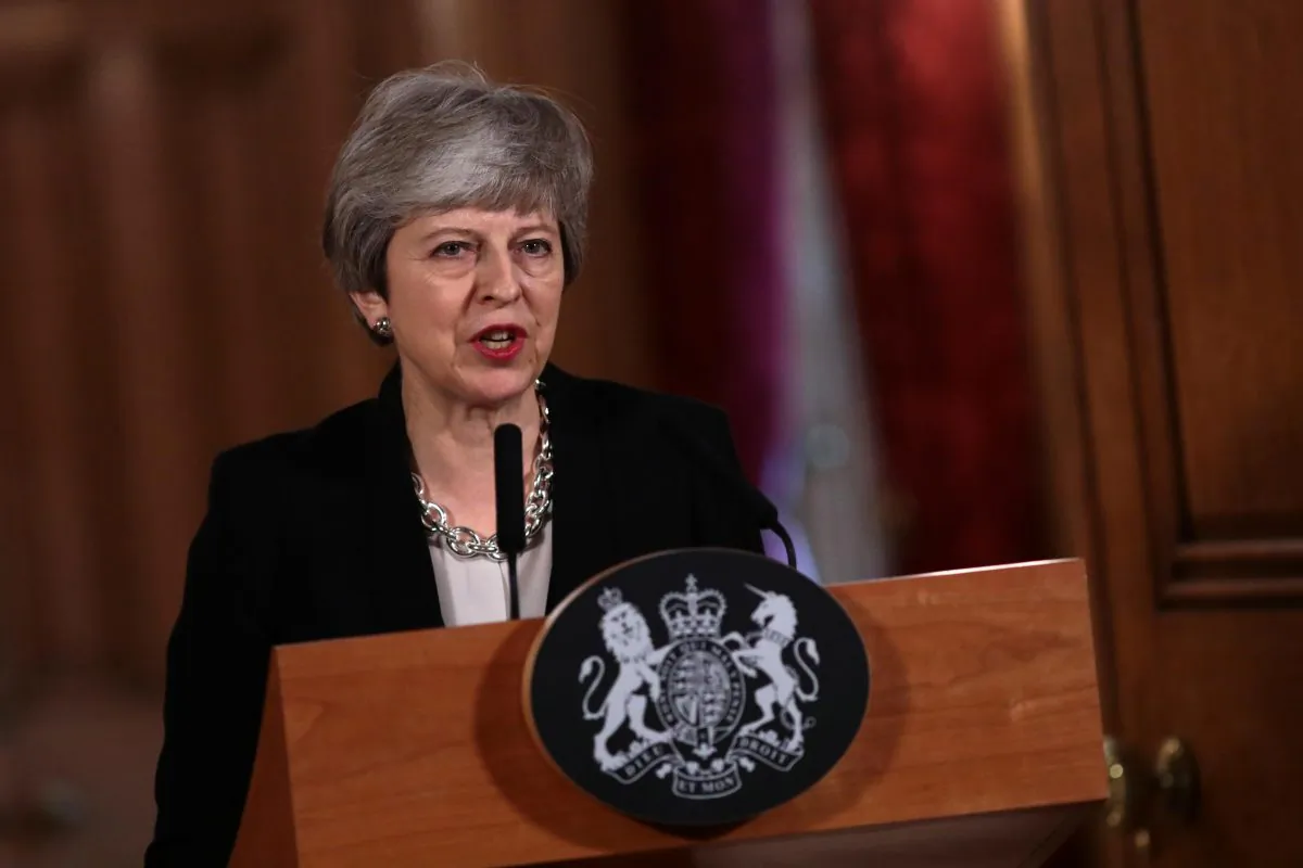 FILE PHOTO: British Prime Minister Theresa May gives a news conference after a cabinet meeting following yesterday's alternative Brexit options vote, outside Downing Street, London, Britain April 2, 2019. Jack Taylor/Pool via REUTERS/File Photo