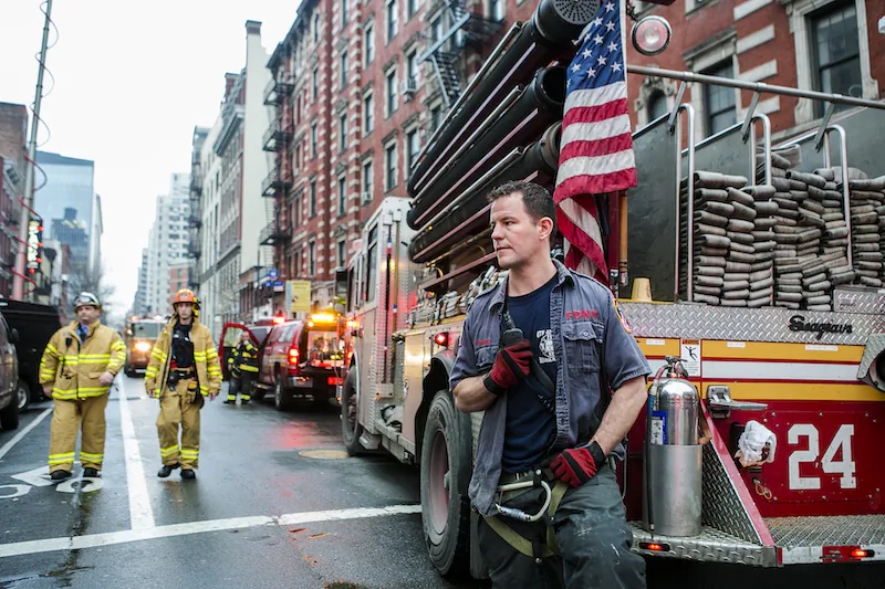 A firefighter in the East Village in New York City, on March 26, 2015. (Samira Bouaou/Epoch Times)