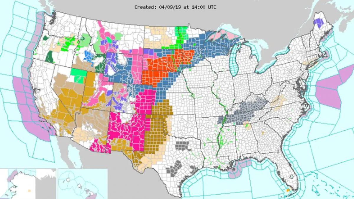 A Tuesday map from NOAA shows winter storm and blizzard (red) warnings and watches that are in effect (NOAA)