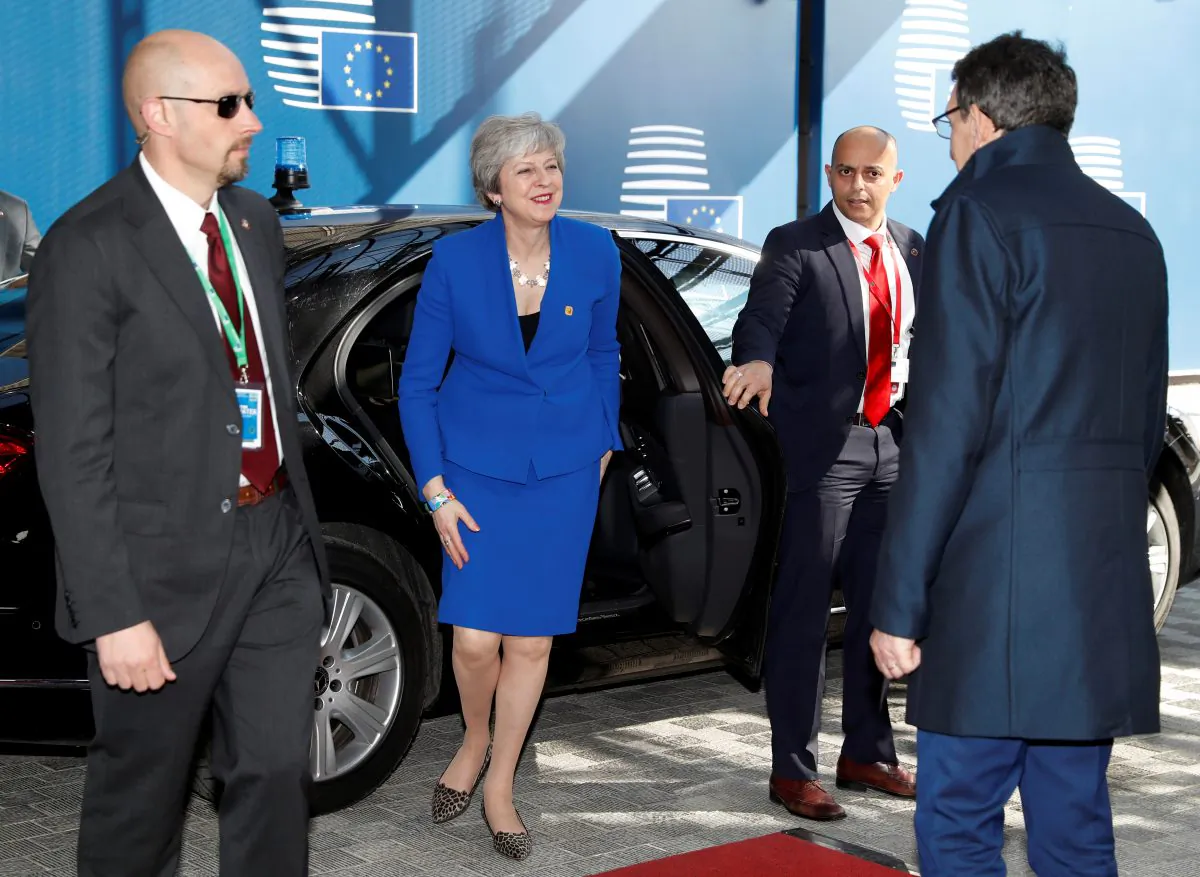 UK Prime Minister Theresa May arrives at a European Union emergency summit on Brexit in Brussels on April 10, 2019.   Alastair Grant/Pool via REUTERS