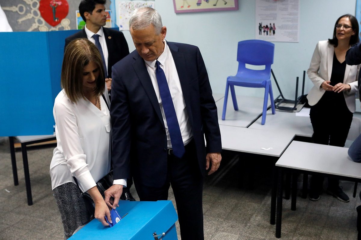 Benny Gantz, leader of Blue and White party, and his wife Revital cast their ballots