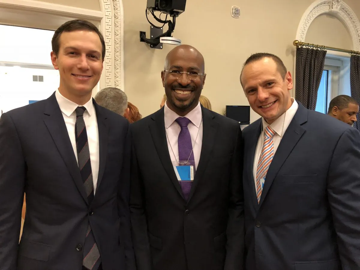 (L-R) Jared Kushner, Van Jones, and John Koufos at White House summit on Prison Reform in the White House in Washington on May 18, 2018. (Courtesy John Koufos)