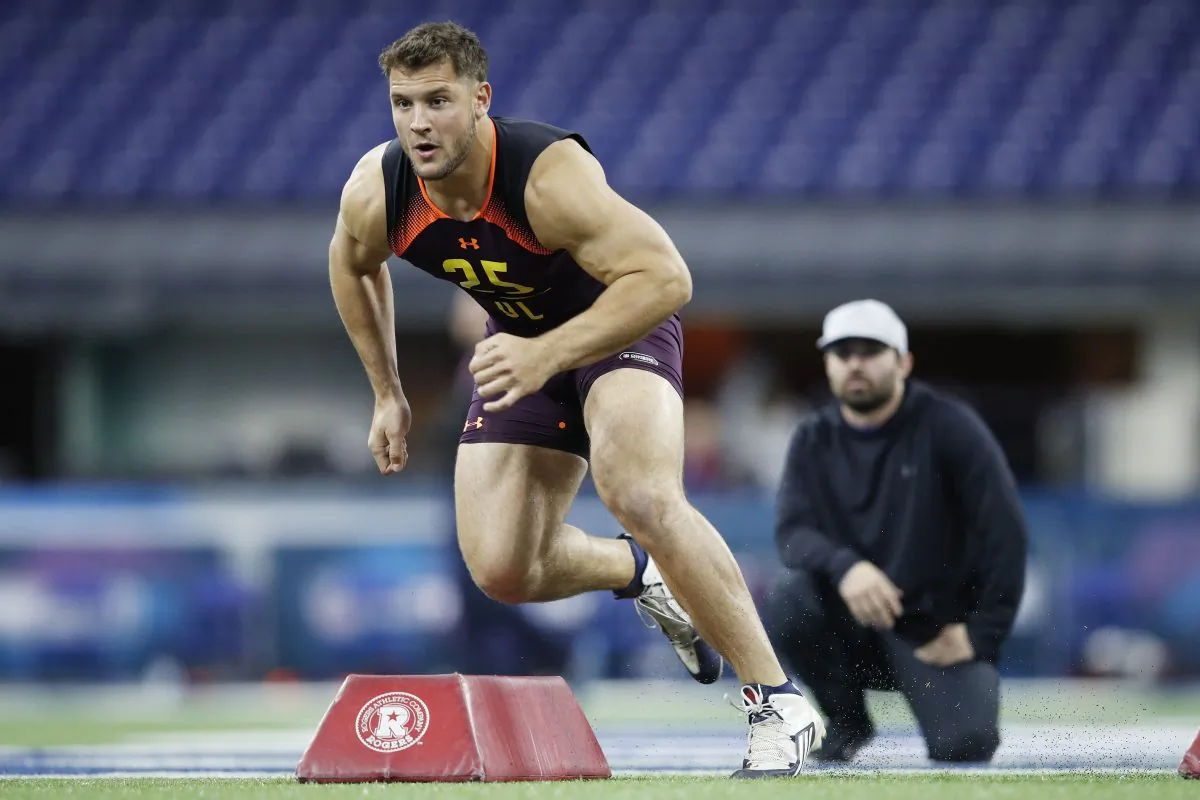 Defensive lineman Nick Bosa of Ohio State works out during day four of the NFL Combine at Lucas Oil Stadium in Indianapolis, Indiana, on March 3, 2019. (Joe Robbins/Getty Images)