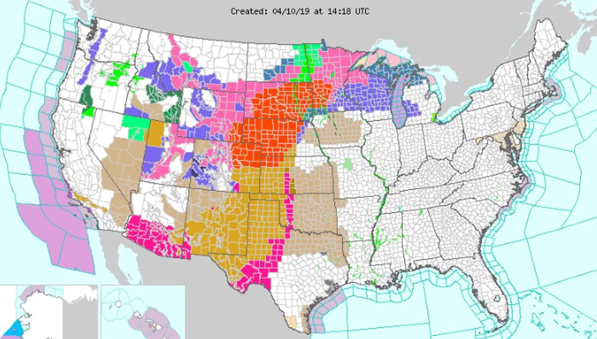 Six states are under a blizzard warning, which is marked in red on the map (NWS)