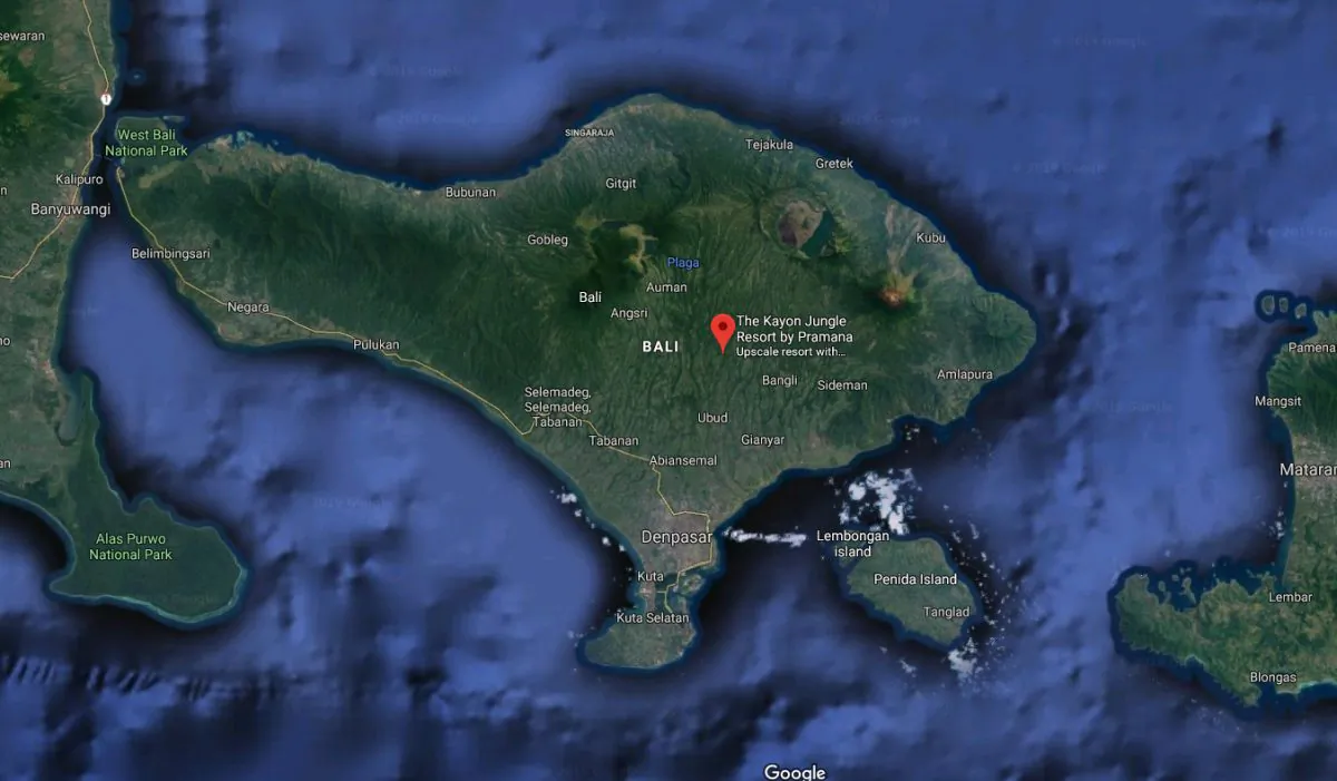 The location of the Kayon Jungle travel resort in Bali. (Screenshot/Google Maps)