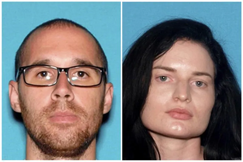 This combination of undated photos provided by the San Bernardino County Sheriff's Department shows Eric Desplinter, left, of Chino Hills, Calif., and Gabrielle Wallace of Rancho Cucamonga, Calif. (San Bernardino County Sheriff's Department/File via AP)