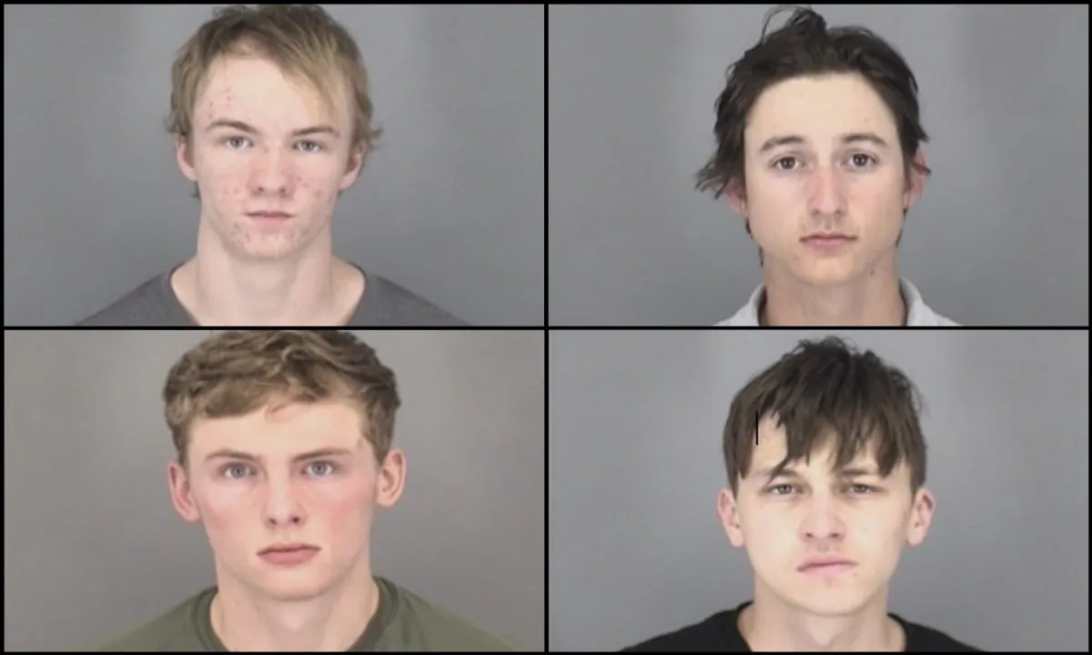From top left clockwise, Braiden Ulmer, Gavin Dawson, Maxwell McCann, and Isaac Koch were arrested in relation to a chemical device thrown at a police officer and citizen in Arvada, CO, on April 6, 2019. (Arvada Police)