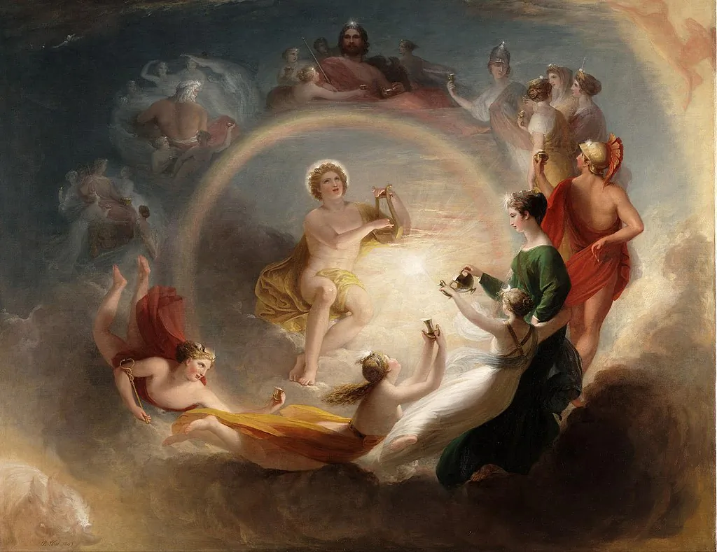 Surrounded by the pantheon of Greek gods and the Muses, Apollo, god of the sun and of music, displays his skill at the lyre. (Henry Howard/Wikimedia Commons)
