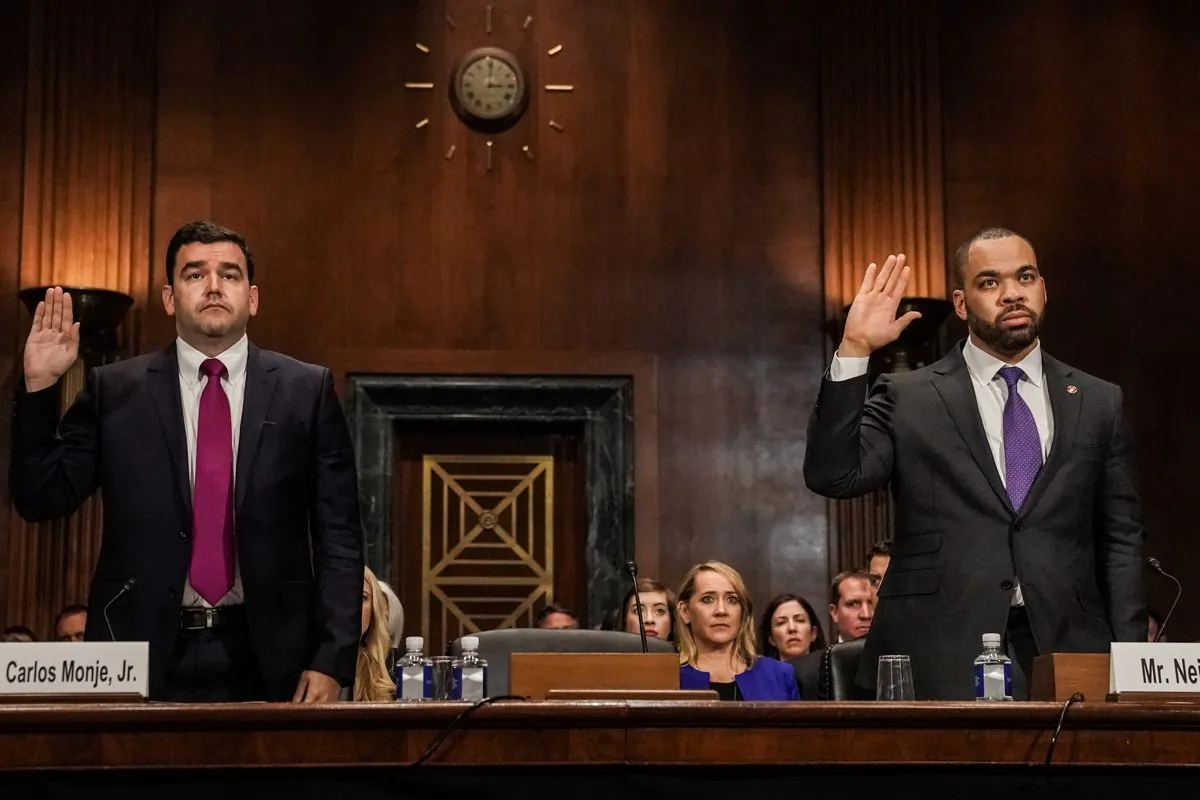 Carlos Monje, Jr., Twitter director of Public Policy and Philanthropy for U.S. & Canada and Facebook policy director Neil Potts sworn in before testifying at Senate Judiciary Constitution Subcommittee hearing titled "Stifling Free Speech: Technological Censorship and the Public Discourse." on Capitol Hill in Washington on April 10, 2019. (Jeenah Moon/Reuters)