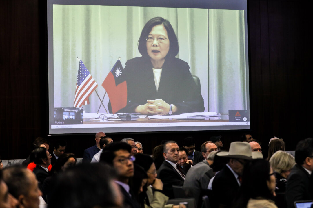 President Tsai Ing-wen of the Republic of China (Taiwan) addresses the crowd via webcam at the Center for Strategic and International Studies in Washington on April 9, 2019. (Samira Bouaou/The Epoch Times)