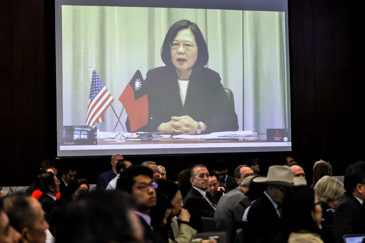 President Tsai Ing-wen of the Republic of China (Taiwan) addresses the crowd via webcam at the Center for Strategic and International Studies in Washington on April 9, 2019. (Samira Bouaou/The Epoch Times)