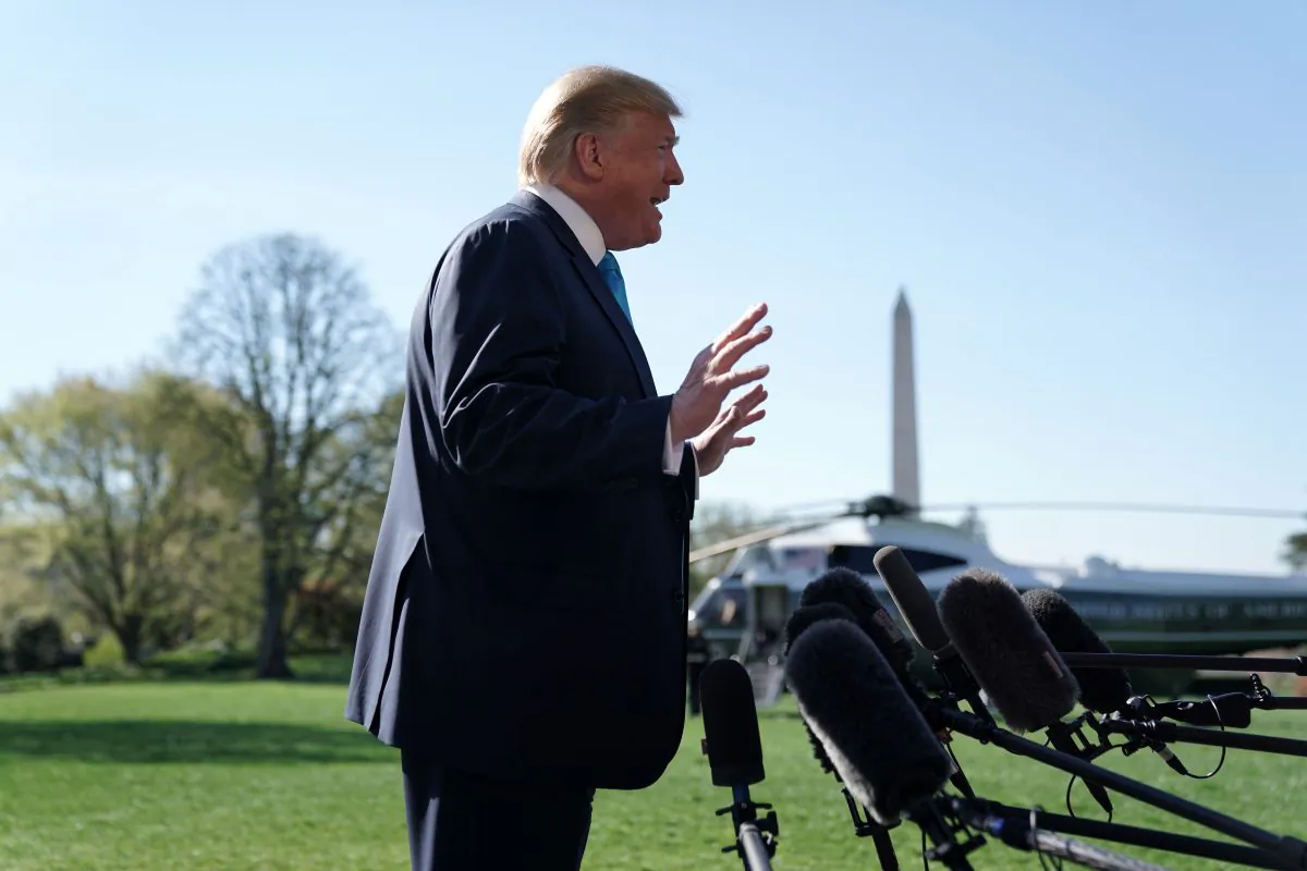 President Donald Trump speaks to members of the media prior to his departure from the White House April 10, 2019 in Washington. (Alex Wong/Getty Images)